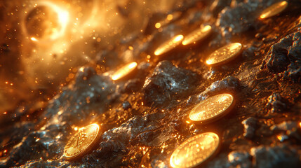 Exotic coins cascade under radical auroras, a fantasia of wealth