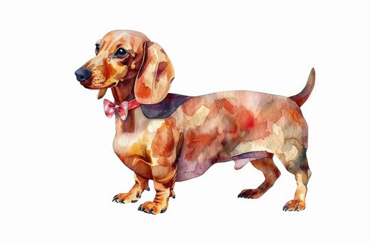 Watercolor illustration of a brown dachshund dog wearing a charming blue bow tie