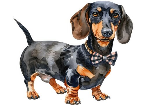 Watercolor illustration of a brown dachshund dog wearing a charming blue bow tie