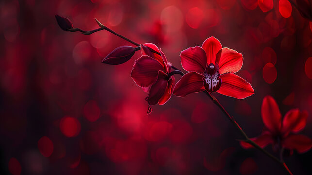 Top view and close-up image of beautiful blooming red rose flowers in corner on red blur background with copy space