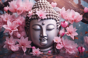 a silver crystal Buddha with cherry blossoms, nature background
