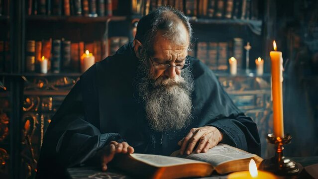 An aged bearded orthodox christian monk reading bible