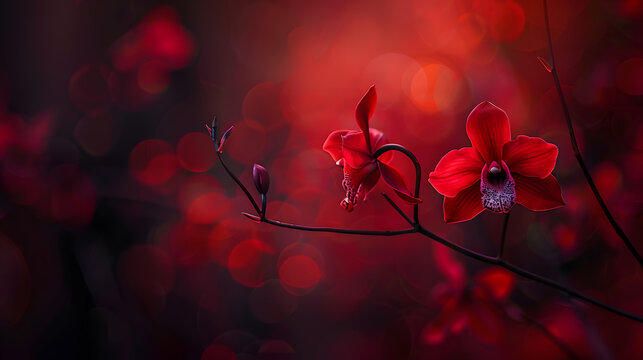Top view and close-up image of beautiful blooming red rose flowers in corner on red blur background with copy space