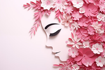 side view of women's face, pink and white spring flowers paper cut illustration, international women's day concept