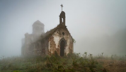 church in the fog - obrazy, fototapety, plakaty