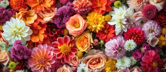 This photo showcases a close-up view of a bunch of vibrant and diverse flowers, displaying their intricate details and colors. The bouquet is a stunning display of natures beauty, featuring an array
