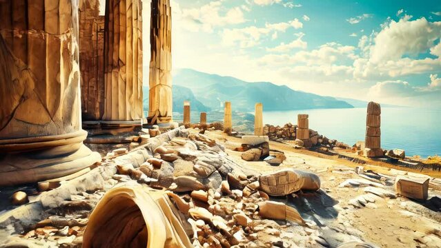 Ruins of an ancient Greek temple near Mediterranean sea
