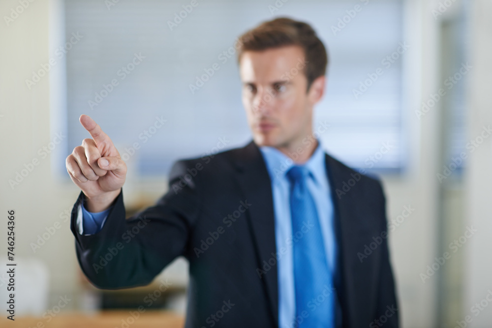Poster futuristic, air or hand of businessman with technology for hologram or overlay for growth statistics
