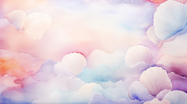 Colorful pastel seashells, watercolor background postcard
