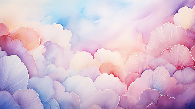 Colorful pastel seashells, watercolor background postcard