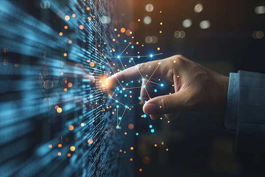 A businessman presenting a conceptual illustration of big data and data science technology on the internet