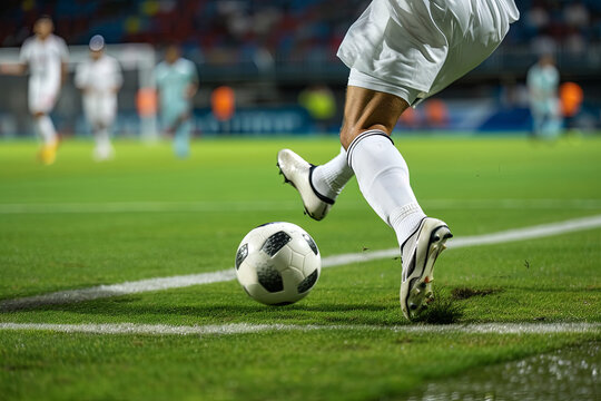 A football player taking a shot at the soccer ball from a free-kick spot