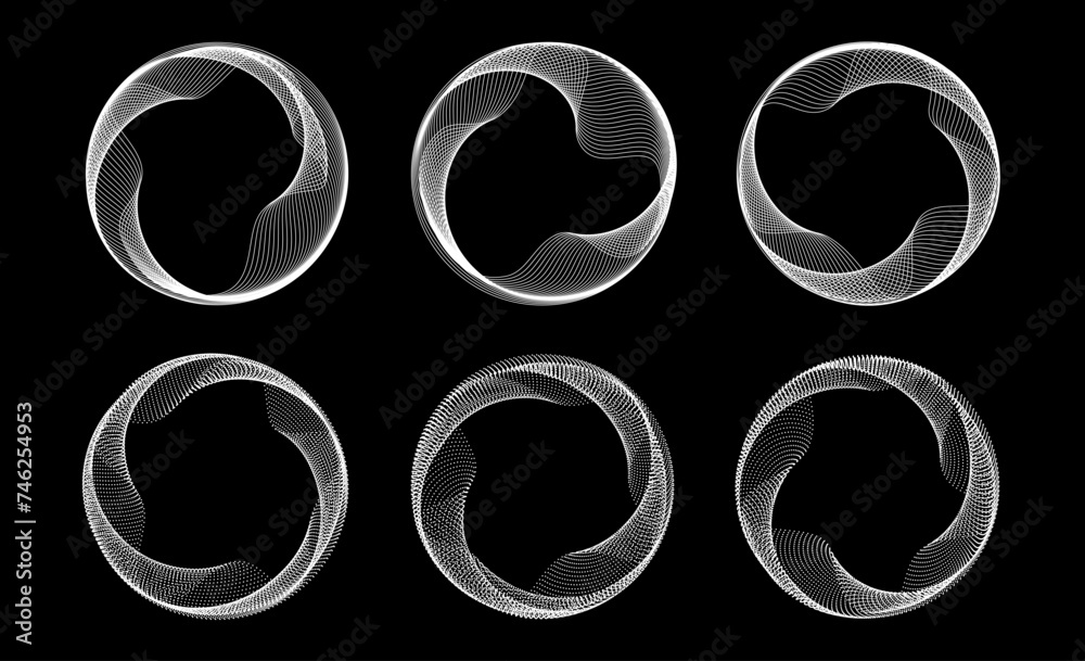 Poster Blend linear and dotted circle frames set. Black and white round border collection. Curved wave dots and lined circles on black background. Circular tech border pack. Vector design element bundle