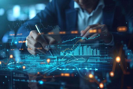 A businessman sketching a growing virtual hologram of statistics, graphs, and charts. Representing the stock market and sales data analysis. Investment growth based on currency rate