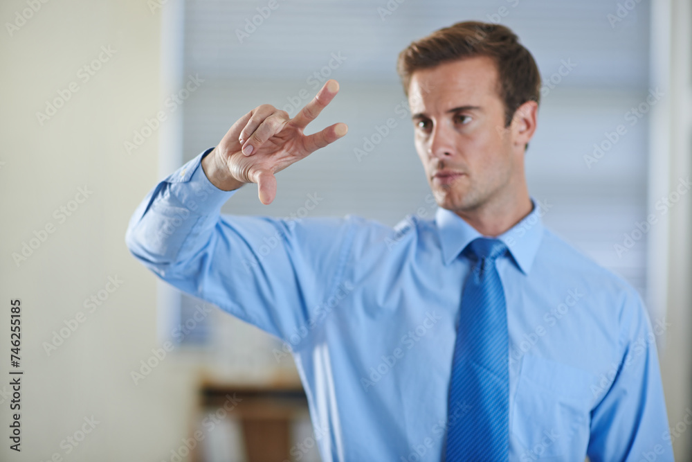 Poster futuristic, update or hand of businessman with technology for hologram or overlay for growth statist
