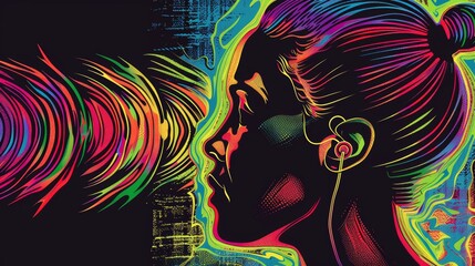 Hearing aid user enjoying a pop art music concert colorful sound waves