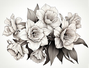 Drawings of hand-drawn Daffodil coloring page style on a white background