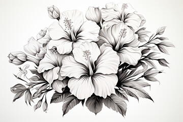 Drawings of hand-drawn Hibiscus coloring page style on white background