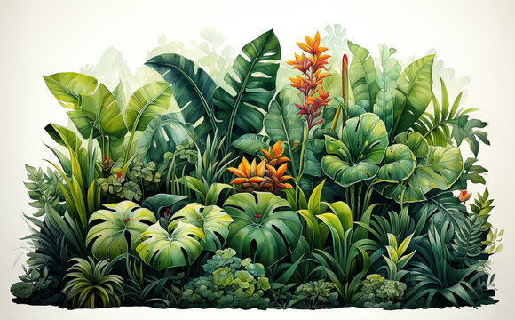 lush tropical ariods drawn in a botanical style on a white background.
