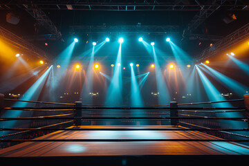 A professional boxing arena illuminated with lights - obrazy, fototapety, plakaty