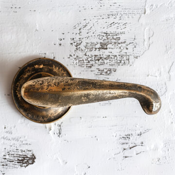 Aged brass door handle, showcasing character and craftsmanship on a white surface
