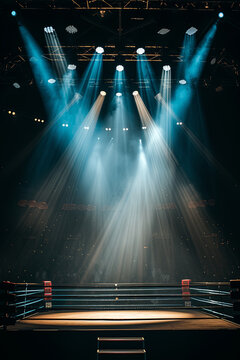 A professional boxing arena illuminated with lights