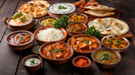 Assorted Indian cuisine on a dark wooden background, featuring dishes like curry, butter chicken,...