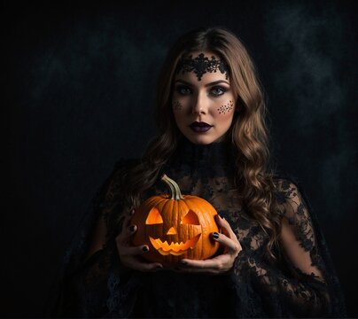 Portrait of a beautiful young woman with Halloween pumpkin on dark background