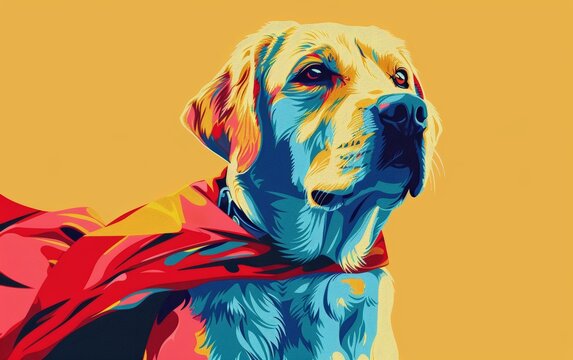 Service dog in a pop art cape heroic and faithful companion