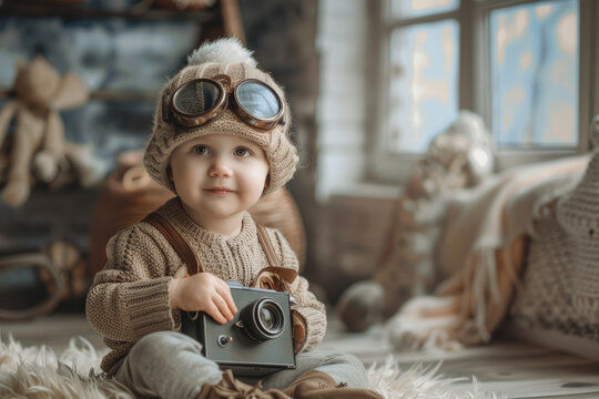 The kid is eager to learn about the old camera, the concept of learning and creativity
