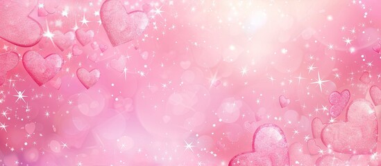 A pink background adorned with various hearts and stars scattered throughout the space, creating a whimsical and charming aesthetic. The hearts and stars are in multiple sizes and shades of pink on