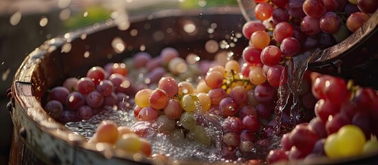 Red and white grapes are being washed in a bucket filled with water. This process is a part of the grape harvest for wine making and viticulture. The grapes are being prepared for further processing - obrazy, fototapety, plakaty