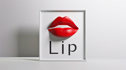Lipstick is suspended in mid-air, complemented by a white board bearing the word 'Lip,' emphasizing beauty and cosmetics, on white background