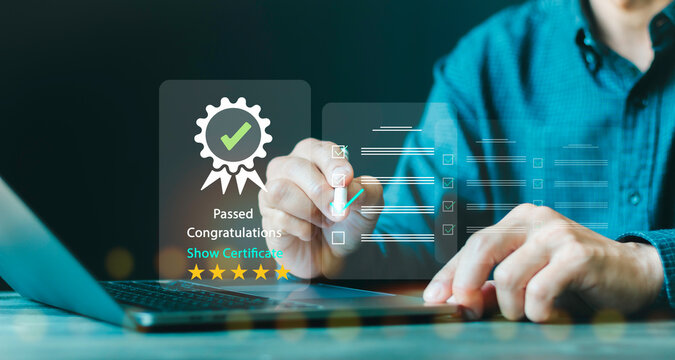 Taking an assessment for certificate Concept, questionnaire, evaluation, online survey exam Choosing the right answer in the exam, filling out an online survey form, Answer the test questions