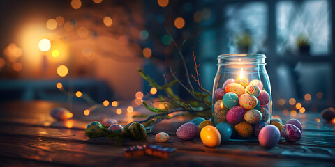 A rustic table with homemade desserts and multi colored candy jars  - obrazy, fototapety, plakaty