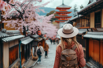 Stylish Traveler Exploring Traditional Asian Street in Cherry Blossom Season