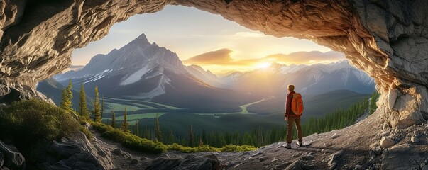 A male adventurer is enjoying the view from inside a cave on a mountain.