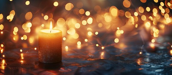 A single lit candle casts a warm glow on the surface of a wooden table, illuminating the immediate area with soft light. The flame flickers gently, creating a calming ambiance in the room. - obrazy, fototapety, plakaty