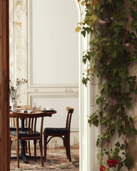 Vintage Dining Room with Classic Decor and Hanging Greenery
