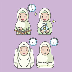 Ramadan activity girl vector arts. Islamic activities in daily life. Cartoon character for kids