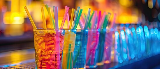 A row of bright multicolored drinking straws lined up inside a clear glass, adding a burst of vibrant colors to the bar decor. - obrazy, fototapety, plakaty