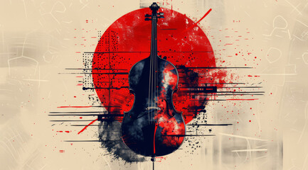 Artistic grunge-style depiction of a red and cream cello with dynamic splatters,ai generated - obrazy, fototapety, plakaty