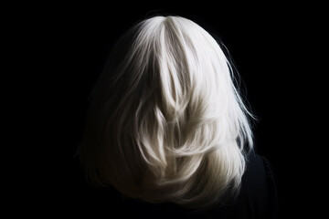Naklejka premium Fashion, make-up, hairstyle and horror concept. Woman fully covering her face with white hair in black background with copy space. Minimalist style