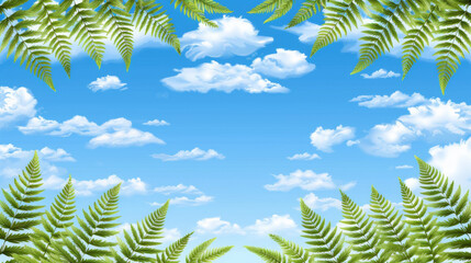 Lush Green Ferns Framing a Clear Blue Sky with Fluffy Clouds