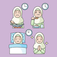 Ramadan activity girl vector arts. Islamic activities in daily life. Cartoon character for kids