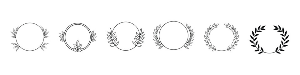 floral line and leaf circle frames, Set of black laurels frames branches. Vintage laurel wreaths collection.Set of vector graphic circle frames. Wreaths for design, round frame. Floral wreath