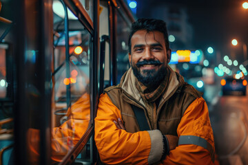 Happy bus driver standing with arms crossed at looking at camera