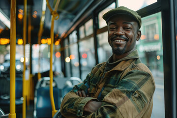 Happy bus driver standing with arms crossed at looking at camera