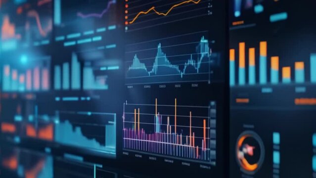 Sector-specific economic analysis Hyperrealistic data analysis and seo concept with magnifier, charts, graphs, uv neon screen