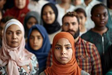 Joven con hiyab naranja se destaca entre una multitud multicultural desenfocada, mirando a la cámara